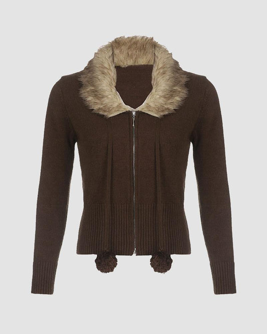 Kyciane Faux Fur Ribbed Pom Pom Cardigan
