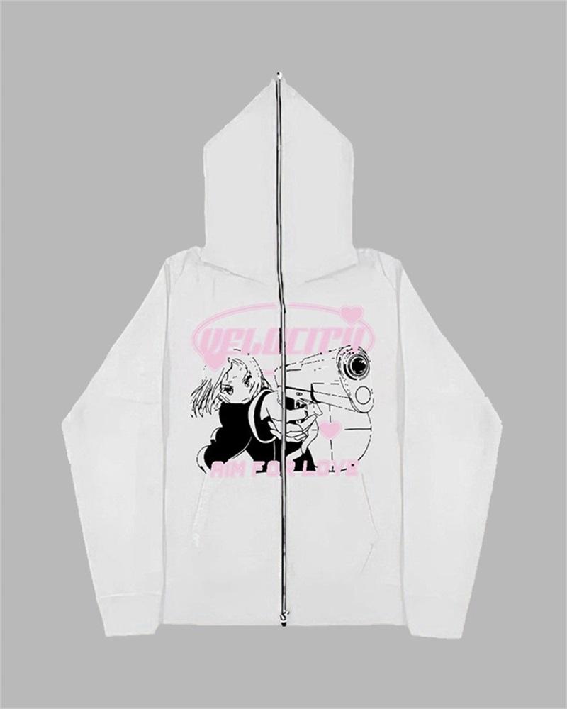 Harajuku Print Zip Up Hoodie