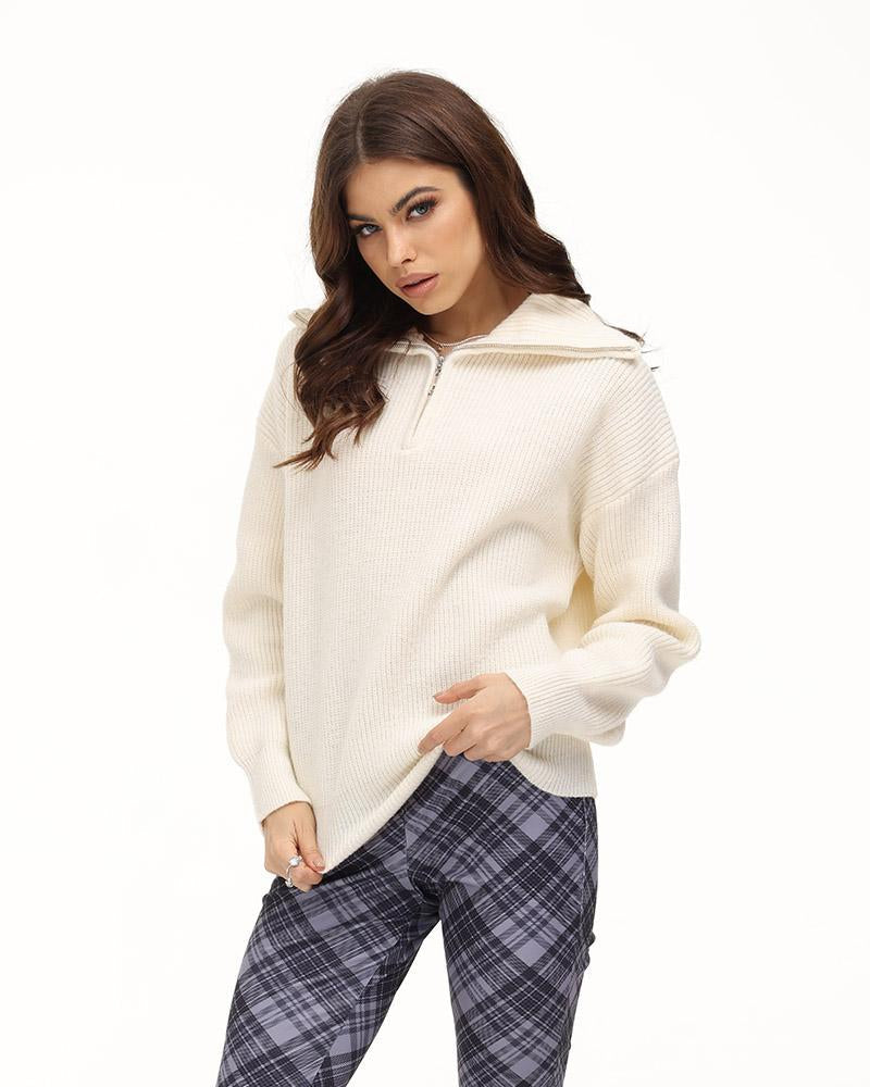 Glosst Ribbed Lapel Zip Sweater