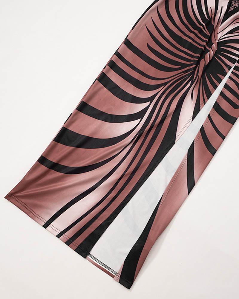 Brown Striped Print Strapless Dress