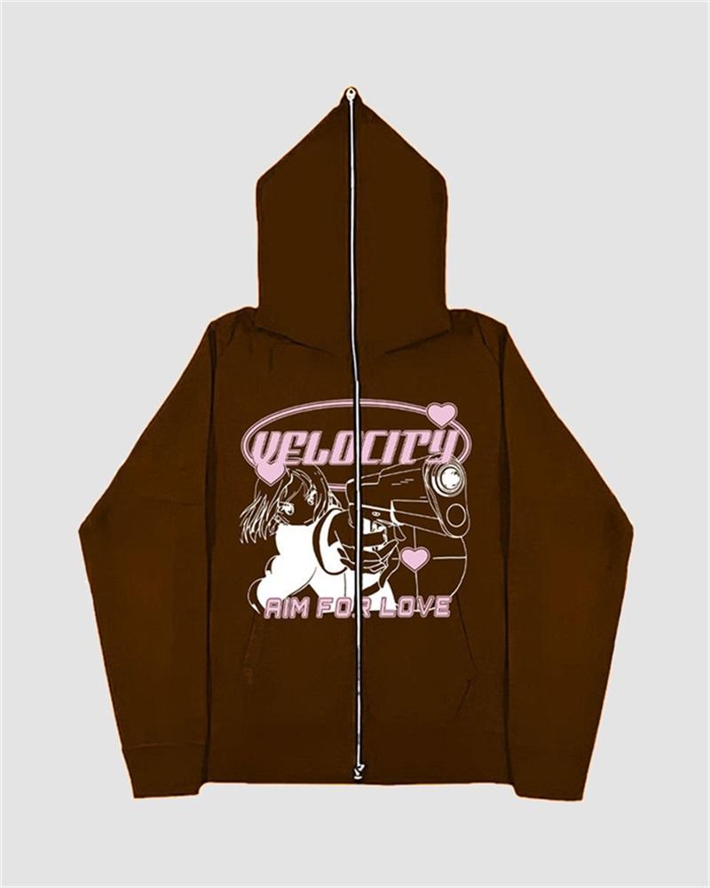 Harajuku Print Zip Up Hoodie