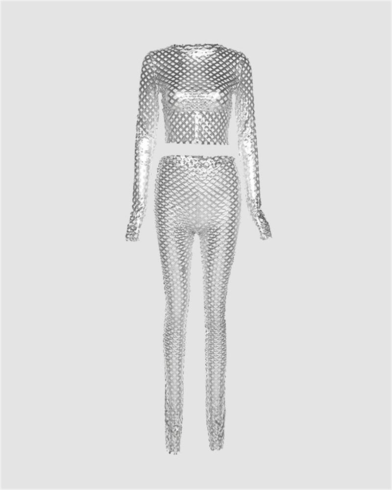 Liquid Metal Mesh Cut-Out Long-Sleeve Set