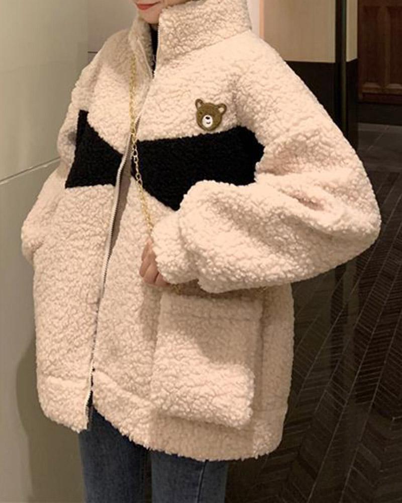 Bear Stand Collar Zip Fuzzy Jacket