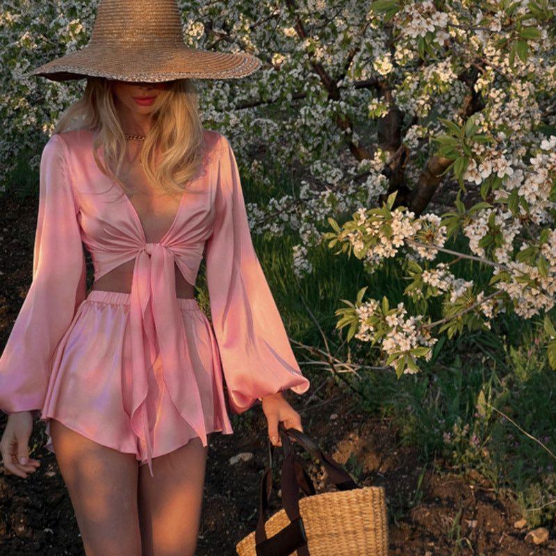 Pretty In Pink Satin Tie Up Crop Top & Shorts Set