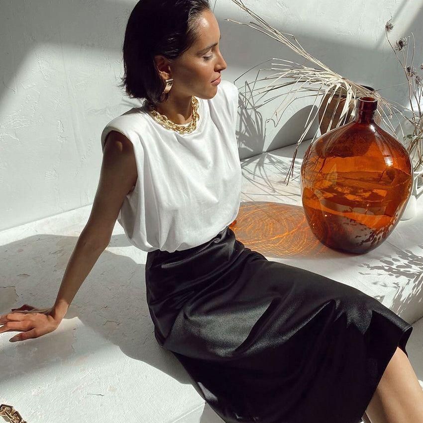 Blanca High Waist Satin Midi Skirt