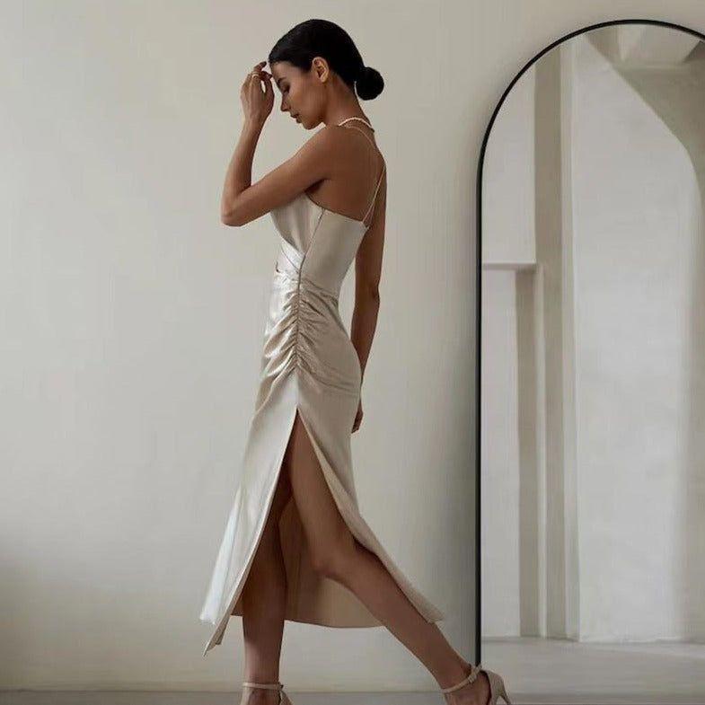 Lovely Lady Ruched Satin Midi Dress