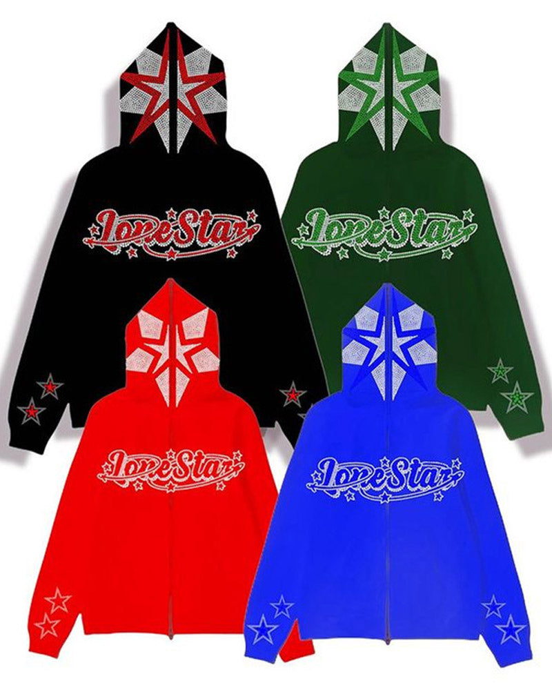 Love Star Rhinestone Zip Hoodie