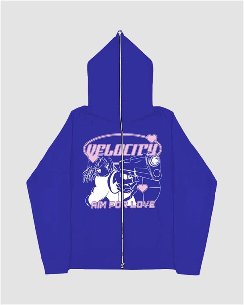 Harajuku Print Zip Up Hoodie