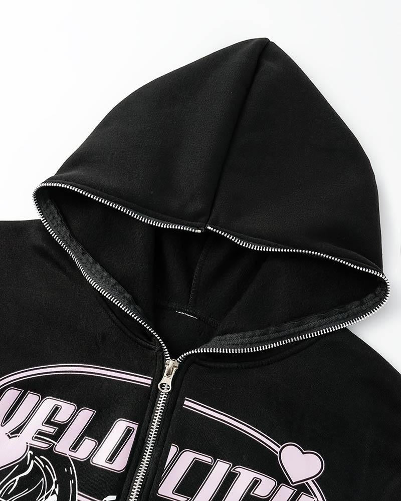 Harajuku Print Zip Up Hoodie