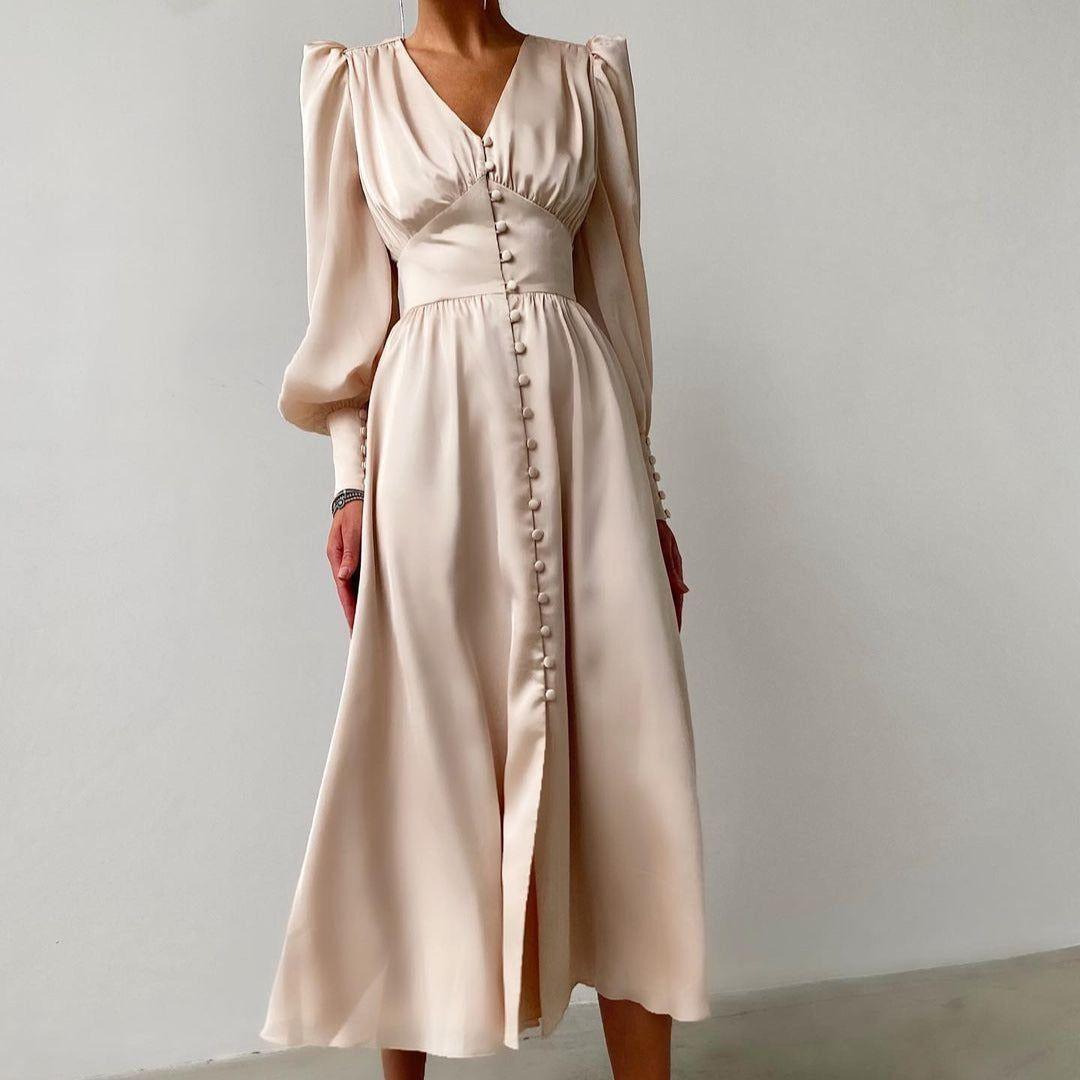 Angela Lantern Sleeve Satin Midi Dress