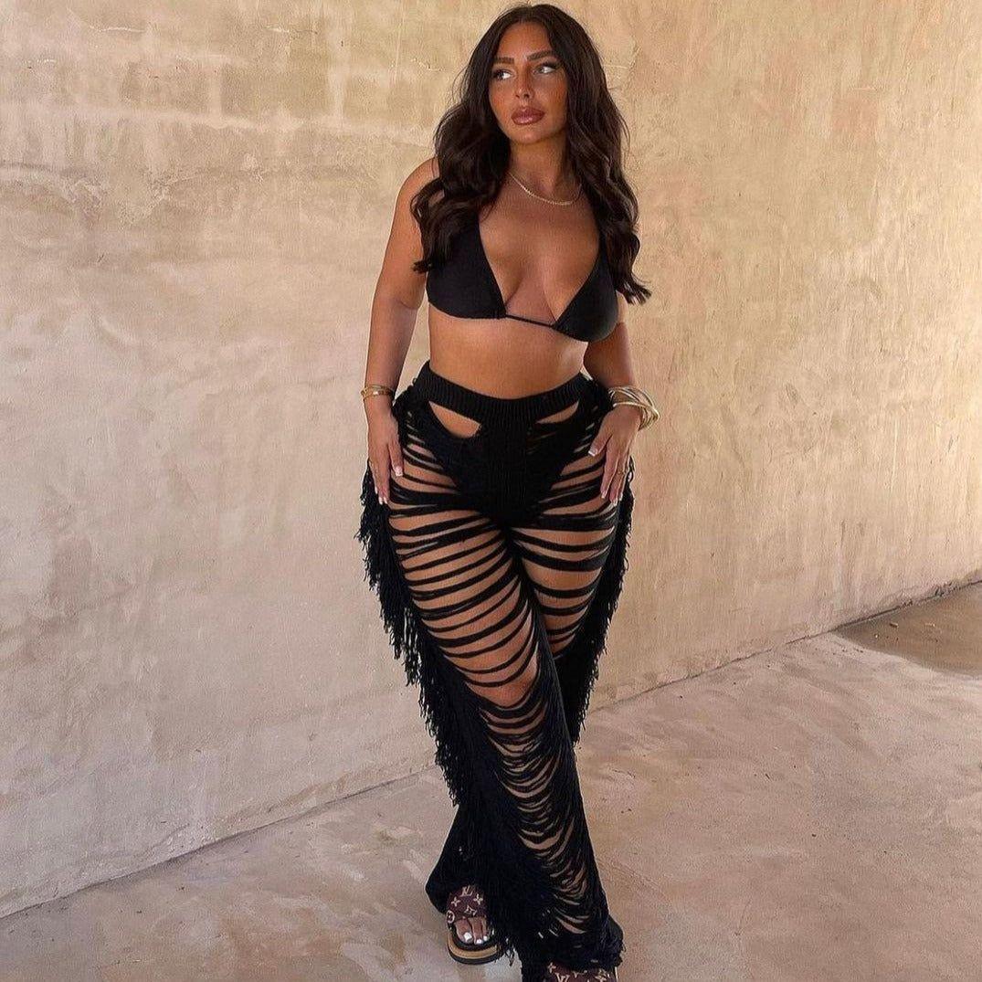 Jada Ripped Side Tassel Straight Pants