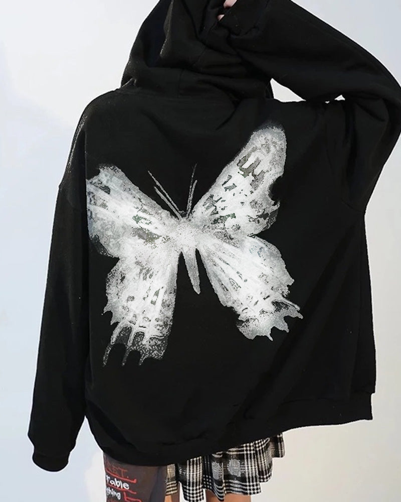 Butterfly Print Graphic Zip Up Hoodie