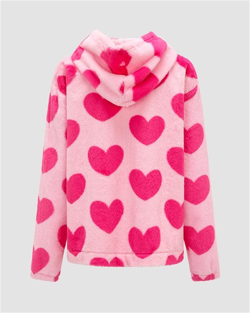 Heart Print Fuzzy Hooded Jacket