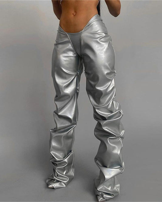 Metallic Crumple Effect PU Pants