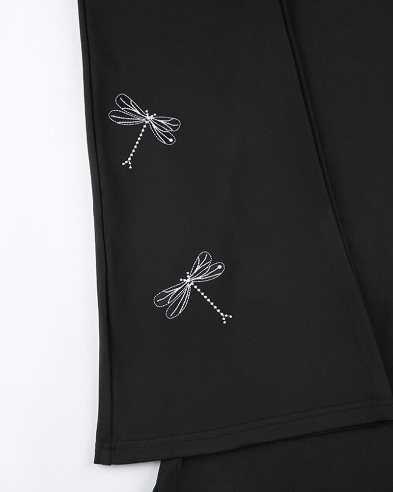 Dragonfly Embroidered Skinny Fared Pants