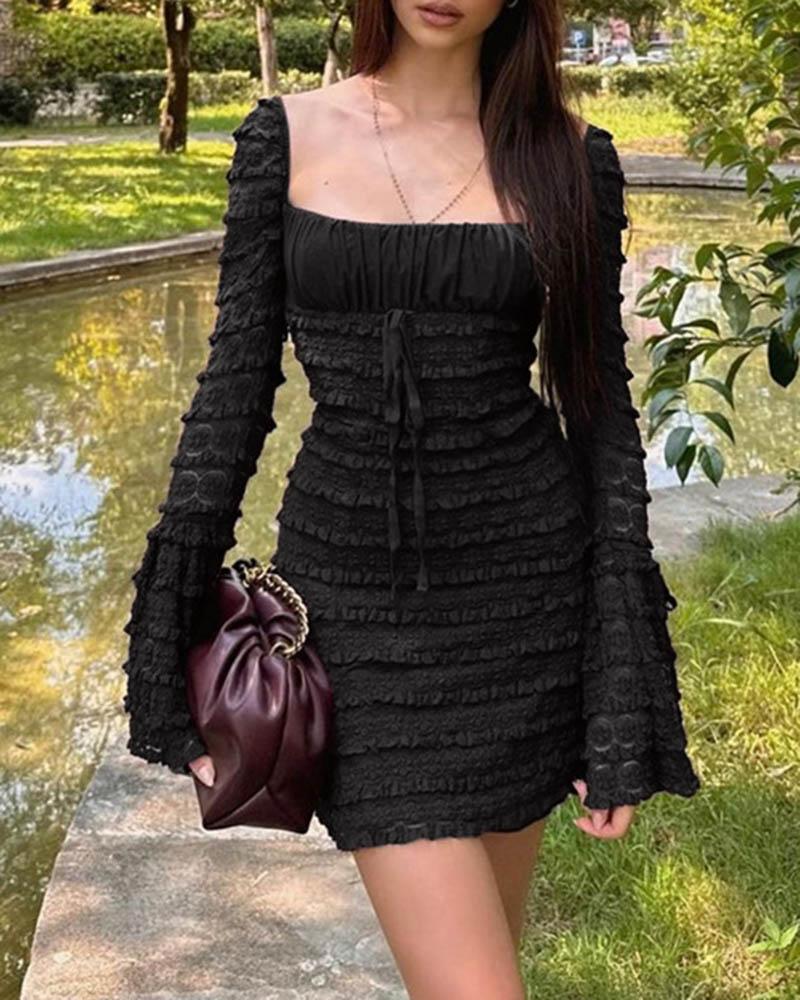 Square Neck Bell Sleeve Lace Mini Dress