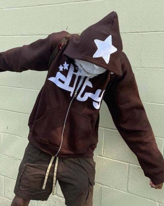 Letter Star Patched Zip Up Hoodie