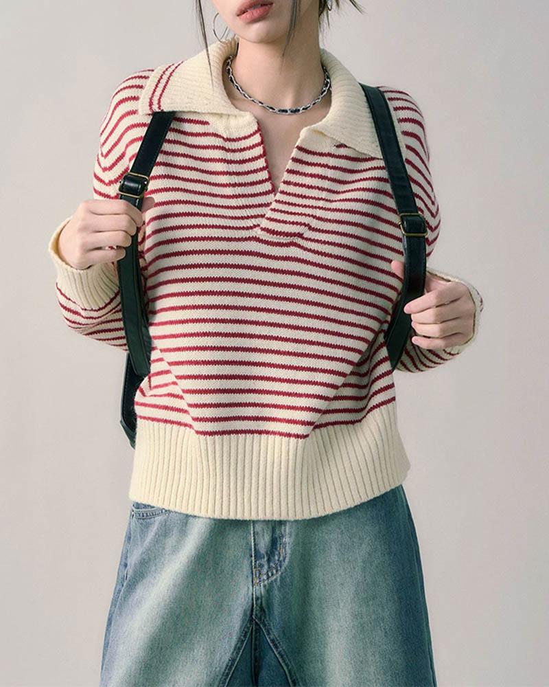 Retro Polo Collar Striped Sweater