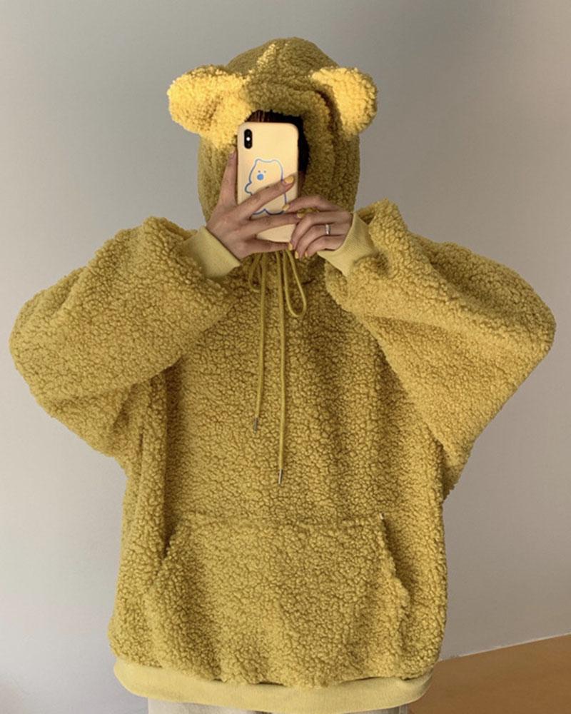 Bear Ear Fuzzy Pullover Hoodies