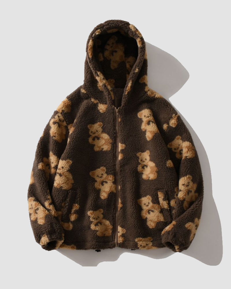 Bear Print Hooded Fleece Jacket