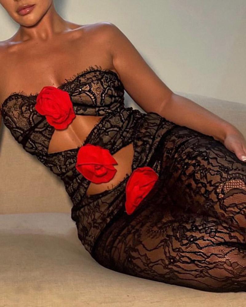 Rose Cut Out Lace Bandeau Maxi Dress