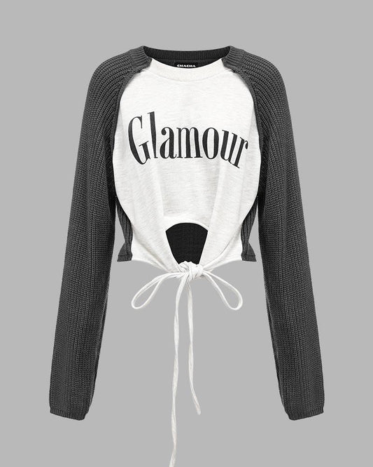 Glamour Raglan Graphic Ribbed Sleeves Top