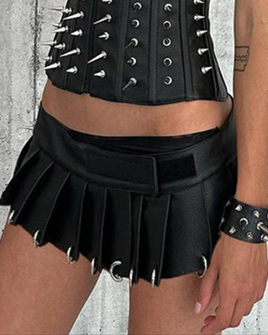 Dark Punk Metal Buckle Pleated Mini Skirt