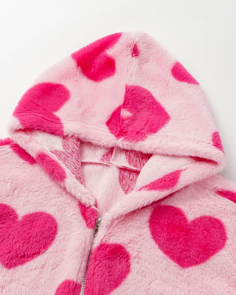 Heart Print Fuzzy Hooded Jacket