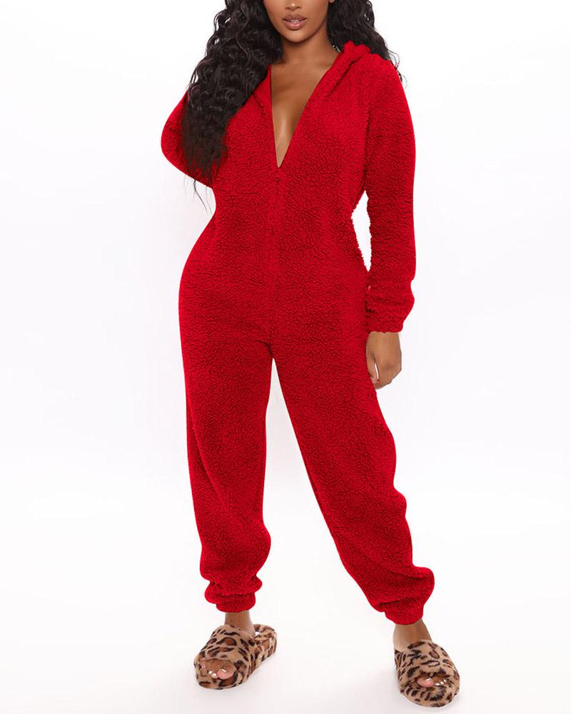 Hoodied Zip Front Fleece Jumpsuit