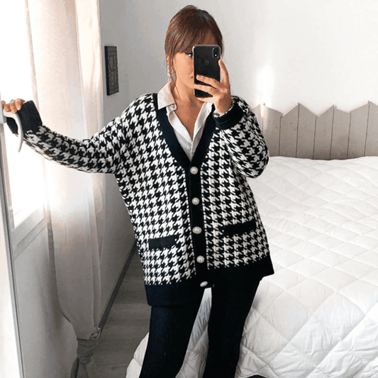 Killa Houndstooth Pattern Button Cardigan