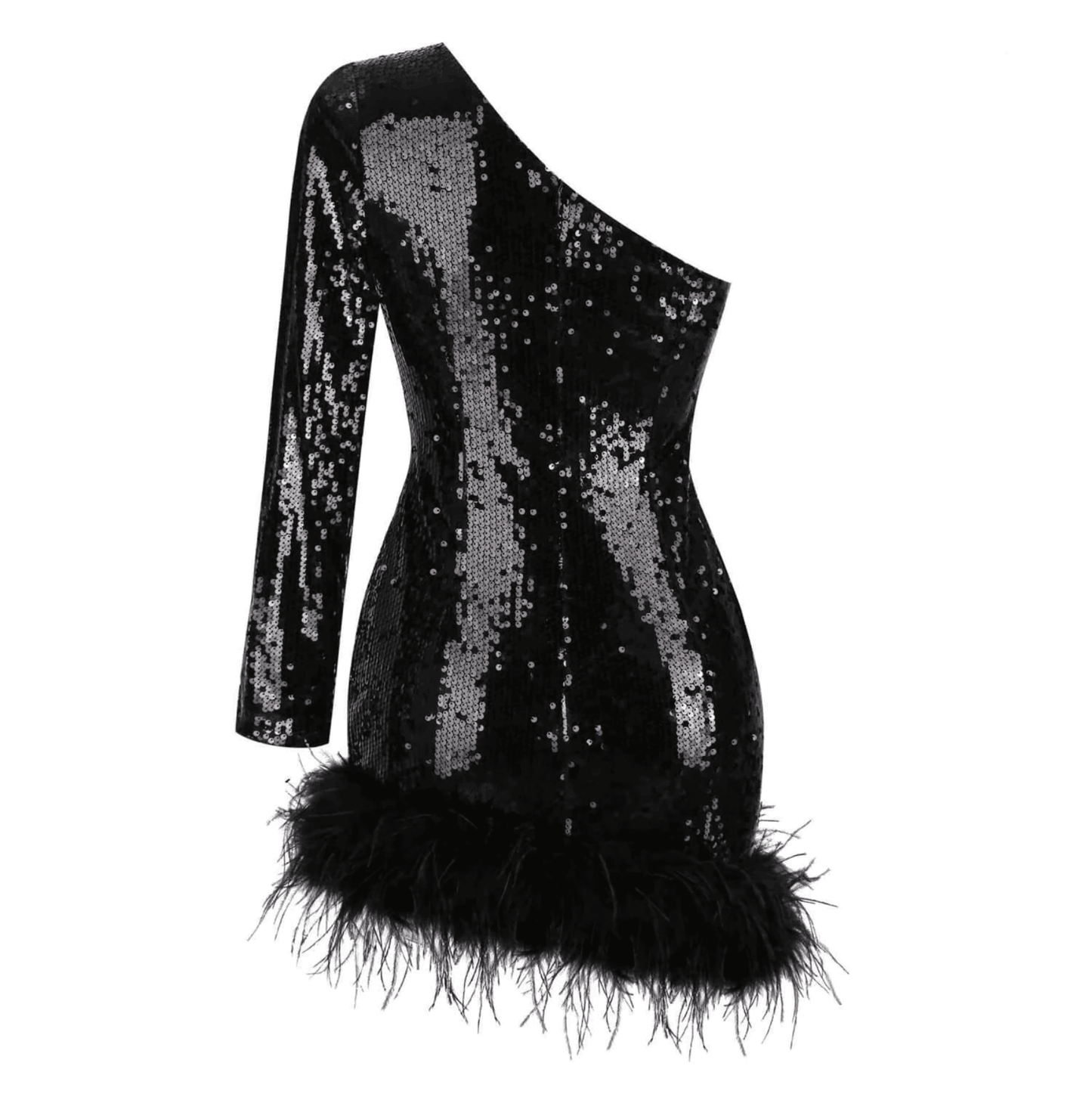 Glitter Whirl One Shoulder Sequin Feather Mini Dress