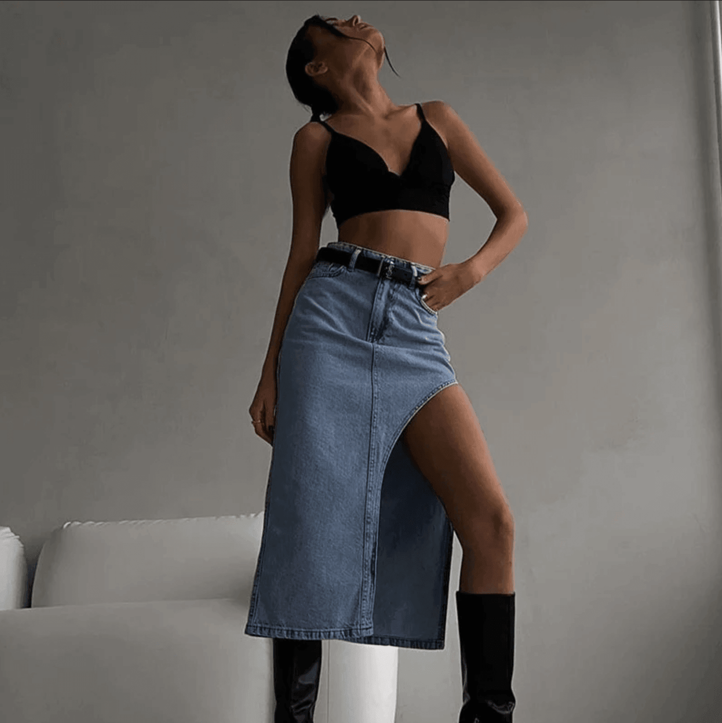 Denim Dreamz High Waist Slit Midi Skirt