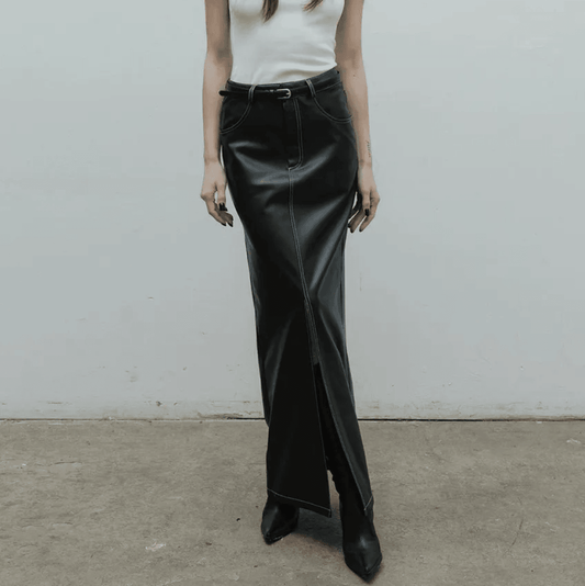 Black Liqueur Faux Leather Slit Maxi Skirt