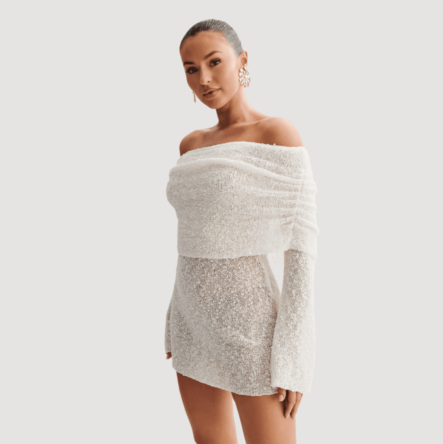 One Kiss Off Shoulder Boucle Mini Dress