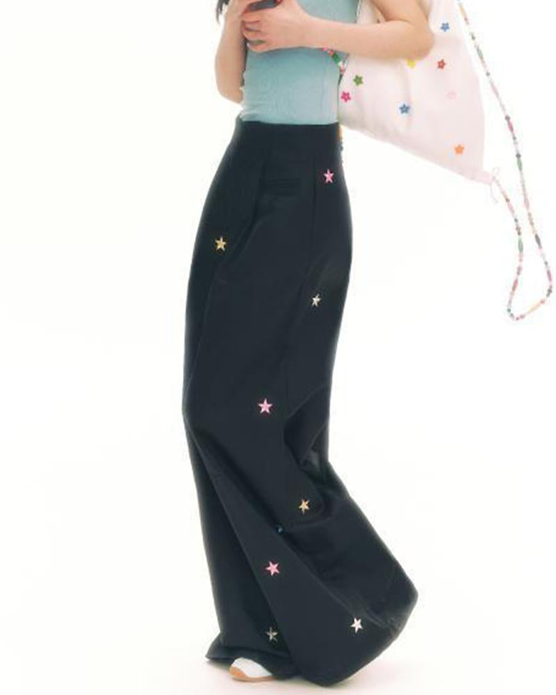 Colorful Star Embroidered Black Cargo Pants