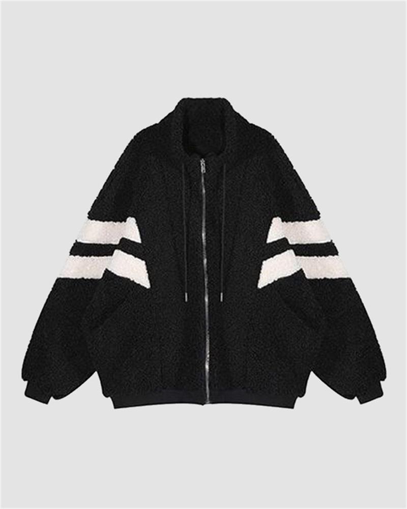 Stripe Colorblock Fuzzy Zip Jacket