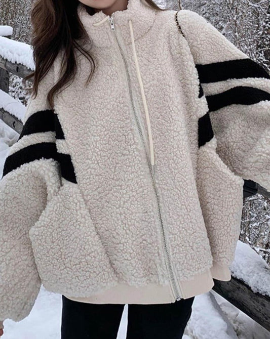 Stripe Colorblock Fuzzy Zip Jacket