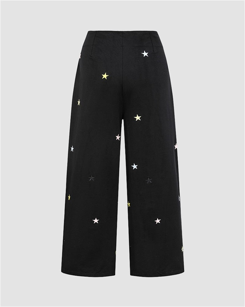 Colorful Star Embroidered Black Cargo Pants