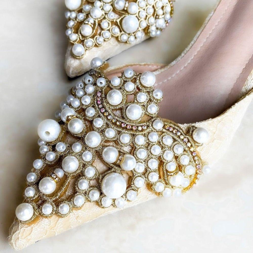 White Pearl Jeweled Lace Satin Heels