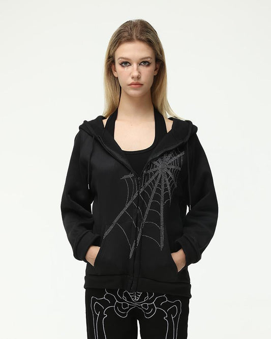 Embellished Web Oversized Zip Hoodie