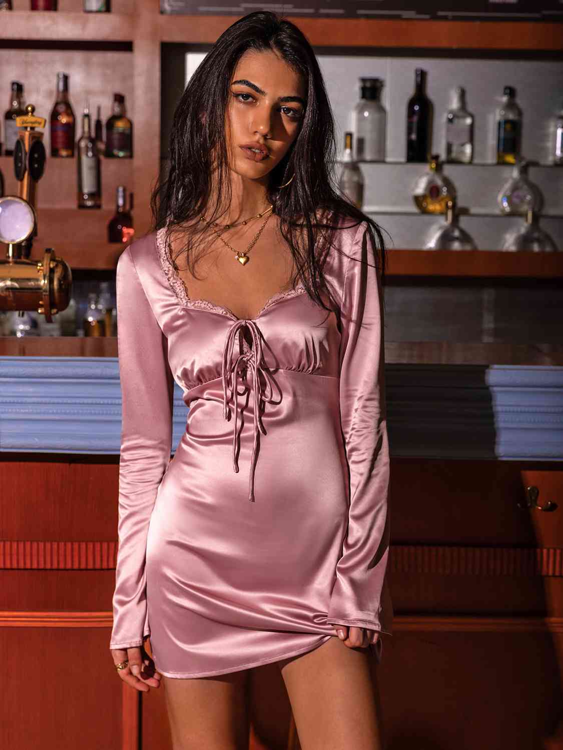 Satin Sonata Long Sleeve Night Mini Dress