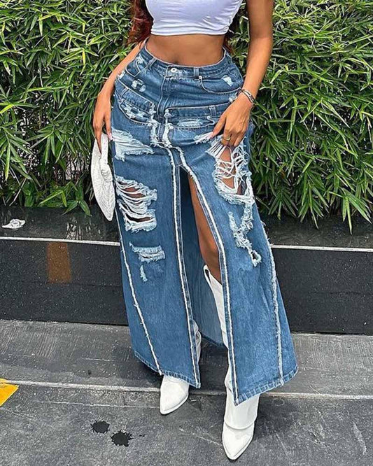 Rip-Off Design Denim Maxi Skirt