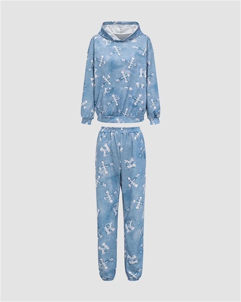 Denim Printed Patch Tracksuit Coord Sets