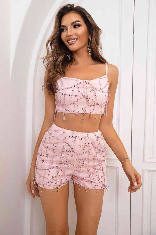 Sparkling Bow Pink Sequin Two-Piece Set