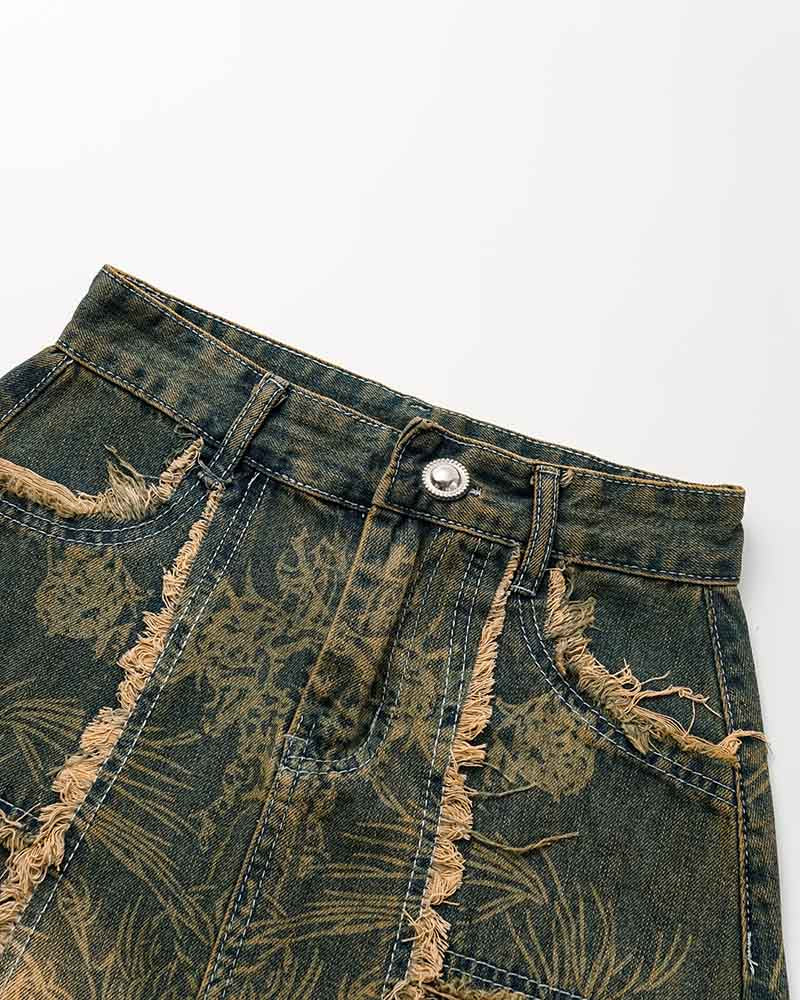 Totem Print Pattern Denim Skirt