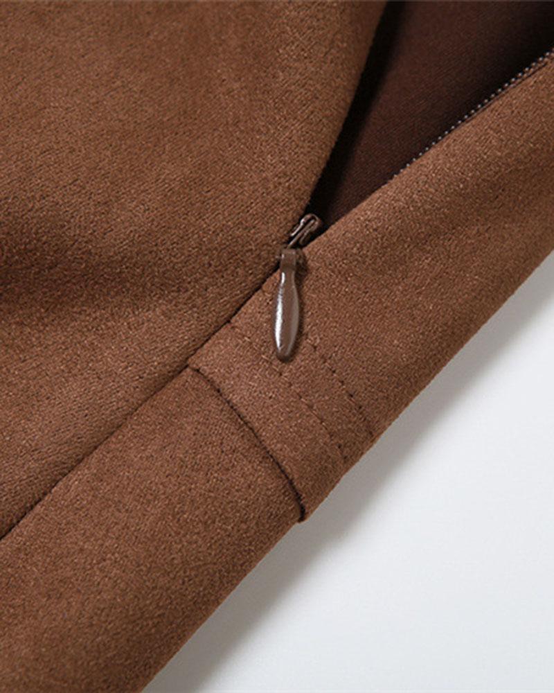 Suede Irregular Brown Midi Skirt