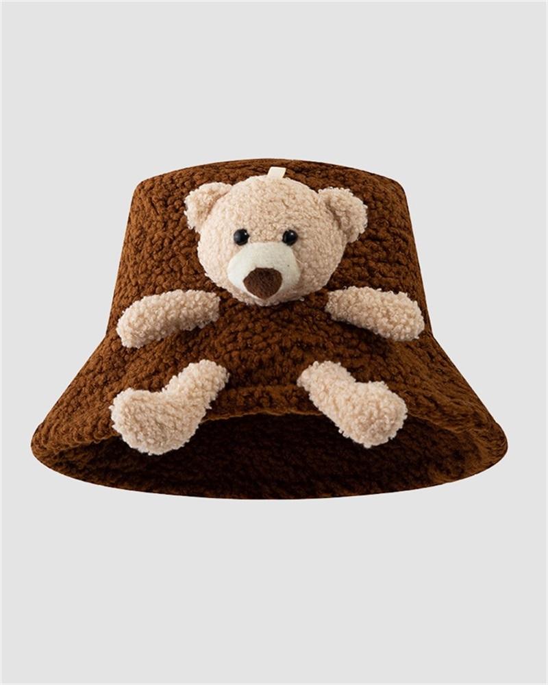 Teddy Bear Decorated Fuzzy Bucket Hat