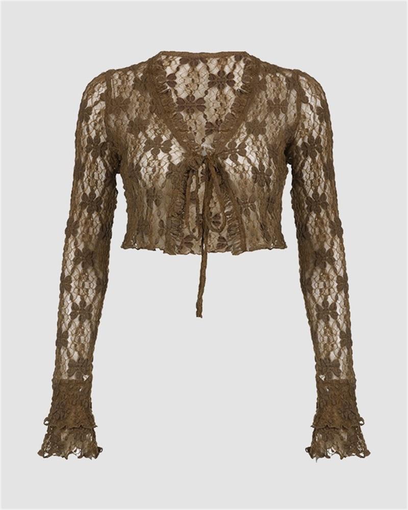 Brown Heart Flowers Lace Cardigan