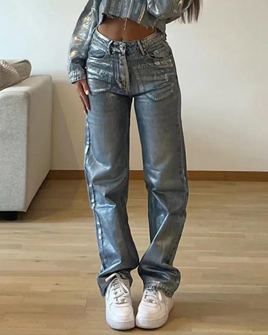 Silver Casual High Waist Denim Jeans