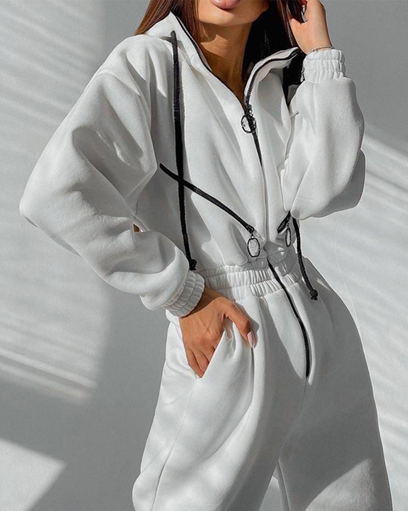 Zipper Hooded Sports Jumpsuit